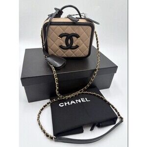 Chanel Quilted Small Vanity Case Beige Black Grained Calfskin